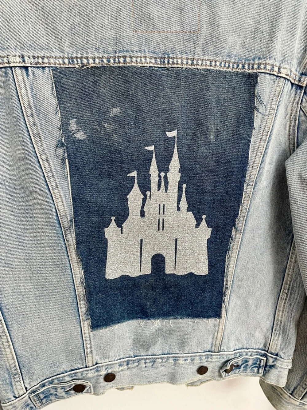 Levi's Light Blue Denim Jacket with Handmade Disney Castle panel - Picture 2 of 5